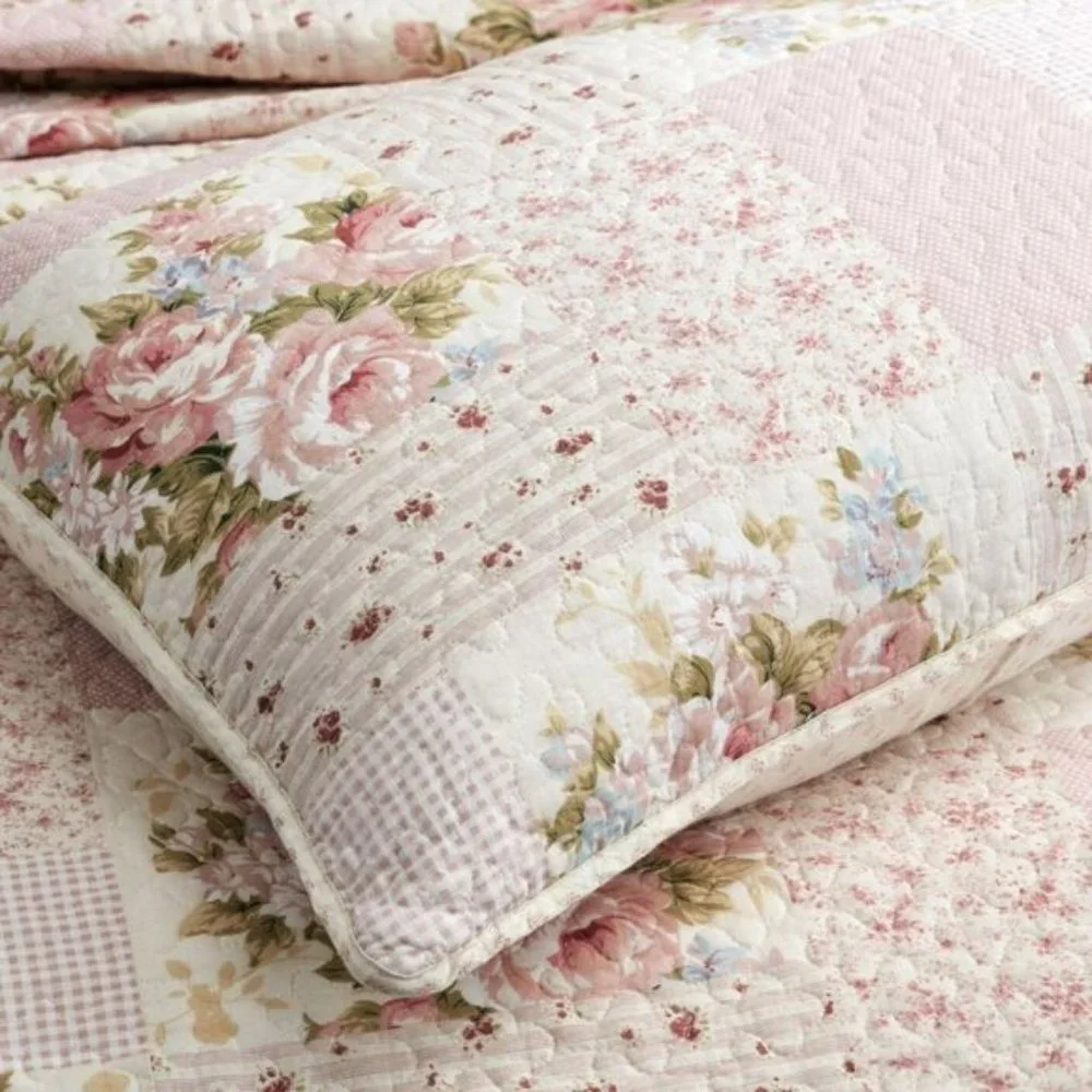 Pre-Washed Cotton Quilt Set - Rosy Pink Chic Floral Bedding Coverlet